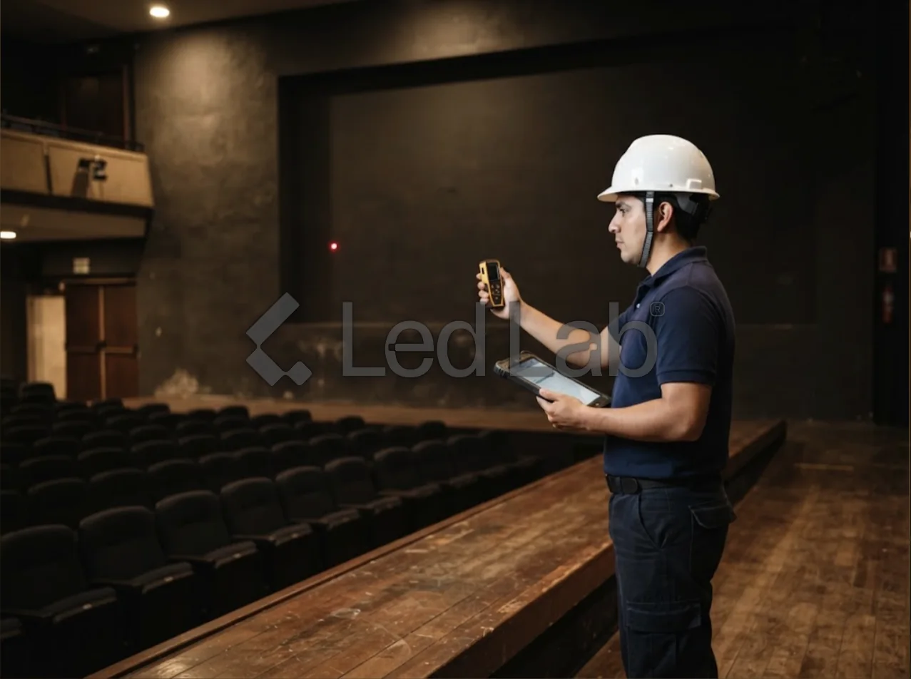 Asesor de LED Lab midiendo con láser la pared de un auditorio