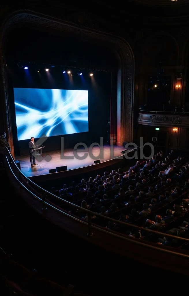 Pantalla LED interior en el escenario de un auditorio