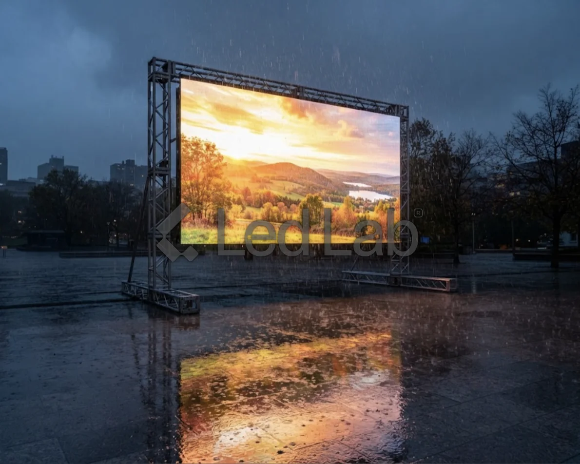 Pantalla LED exterior funcionando bajo la lluvia