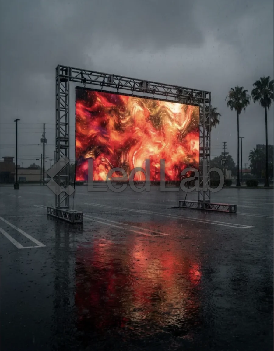 Pantalla LED exterior funcionando bajo la lluvia