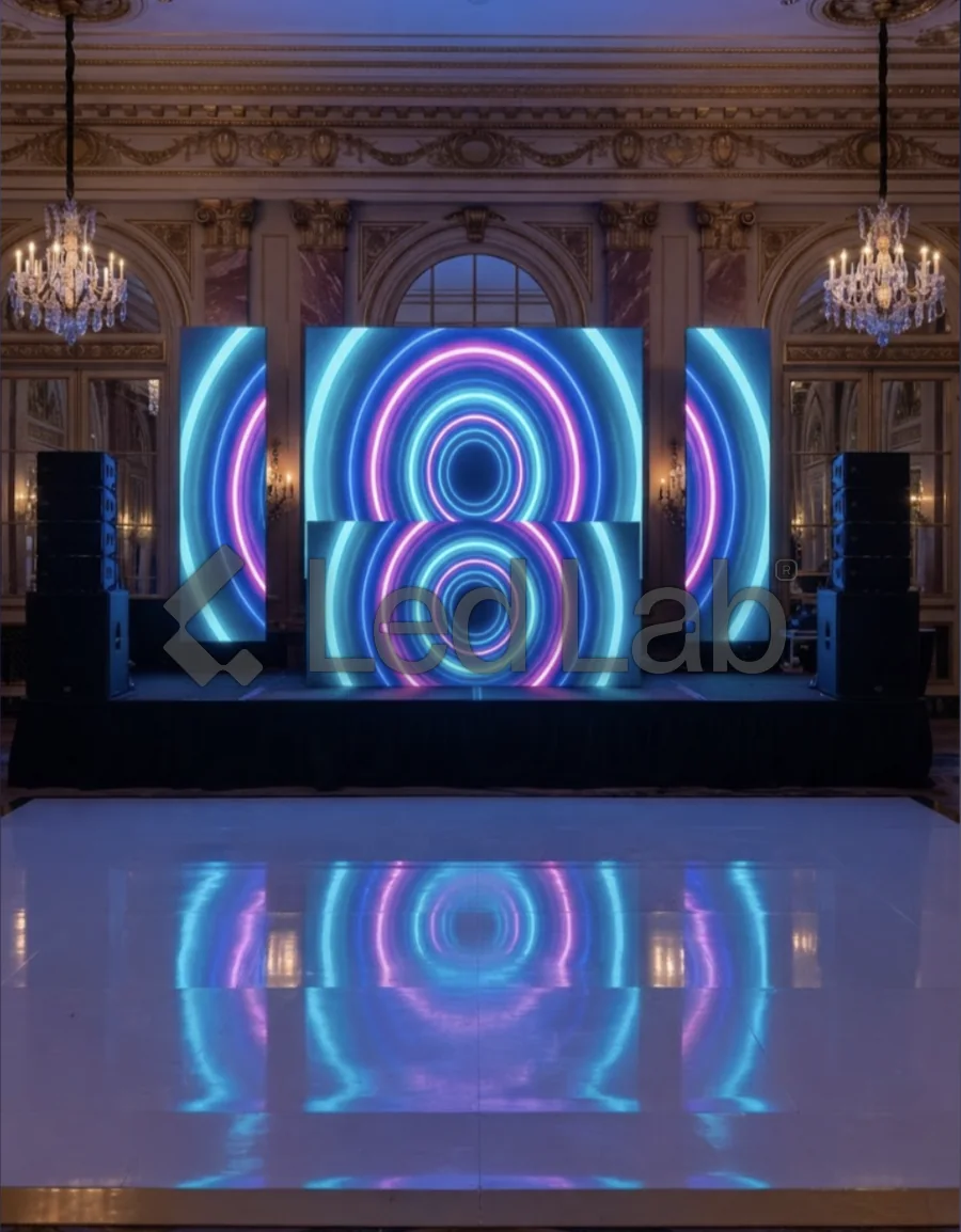 Pantallas LED y pista de baile en un salón de eventos