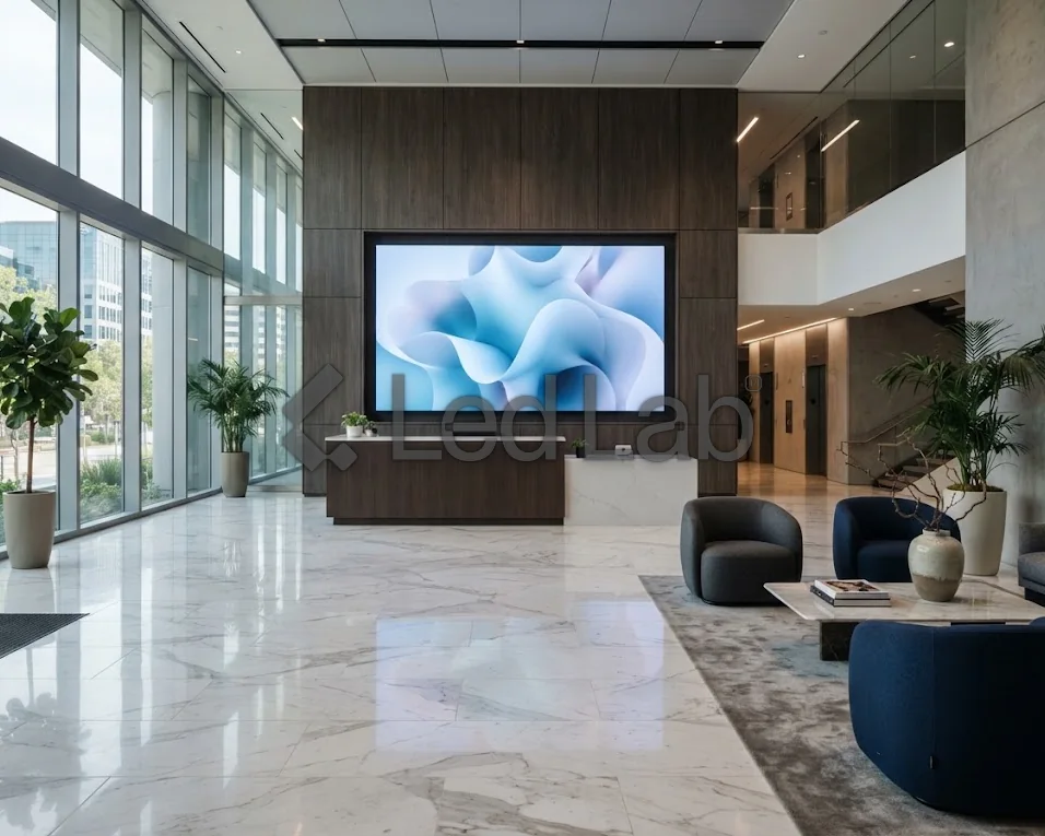 Recepción corporativa: Pantalla integrada a la pared