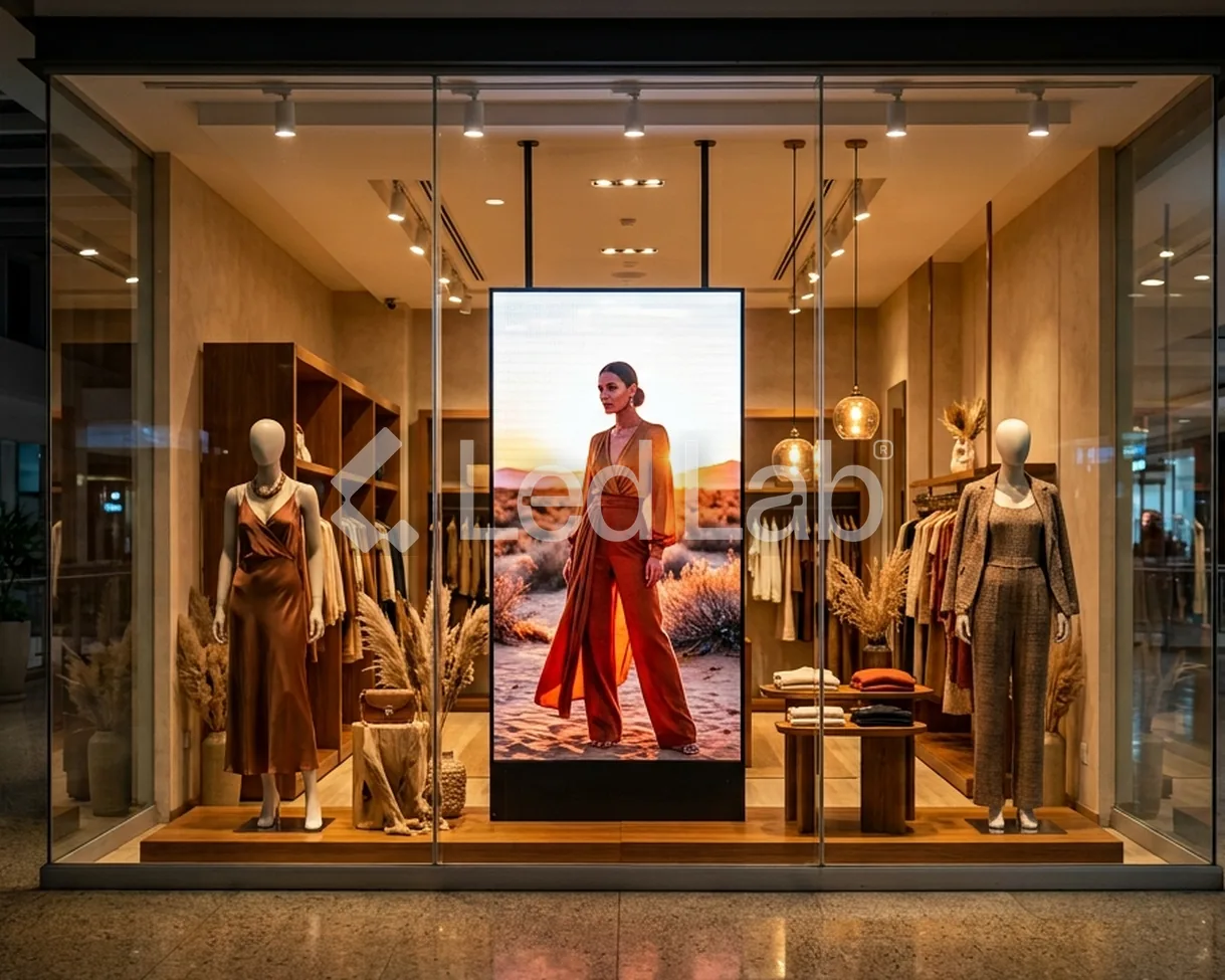 Tienda de ropa: Pantalla vertical en la vitrina